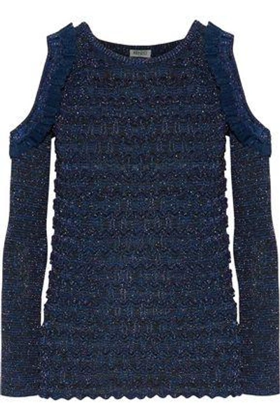 Shop Kenzo Woman Cold-shoulder Metallic Bouclé-knit Sweater Navy