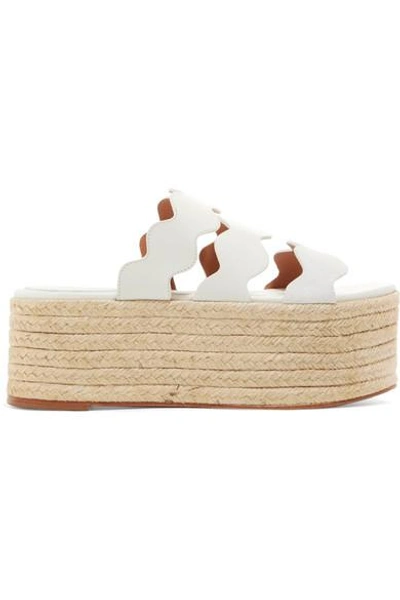 Shop Chloé Lauren Scalloped Suede And Textured-leather Espadrille Platform Slides In White