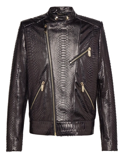 Shop Philipp Plein Leather Moto Jacket "python Car" In Dark Brown