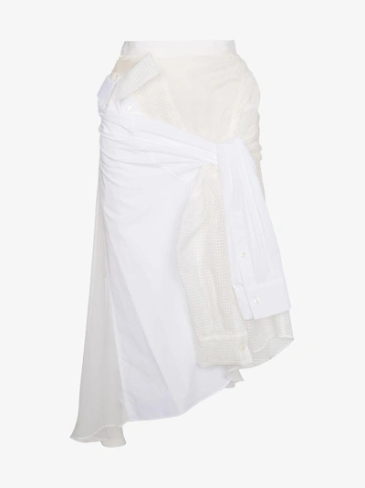 Shop Sacai Asymmetric Midi Skirt With Tied Shirt Detail In White