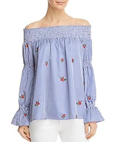 Shop Soloiste Floral Embroidered Striped Off-the-shoulder Top In Blue Stripe