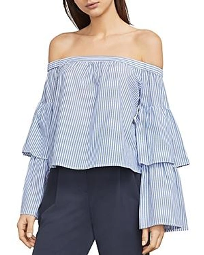 Shop Bcbgmaxazria Callison Bell Sleeve Off-the-shoulder Top In Chambray White