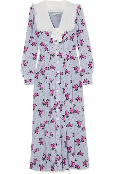 Shop Alessandra Rich Pleated Floral-print Silk Crepe De Chine Midi Dress In Lilac