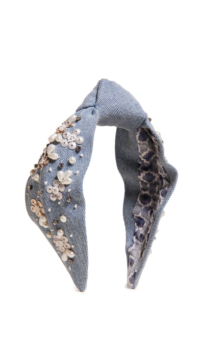 Shop Namjosh Denim Embellished Headband In Blue/white