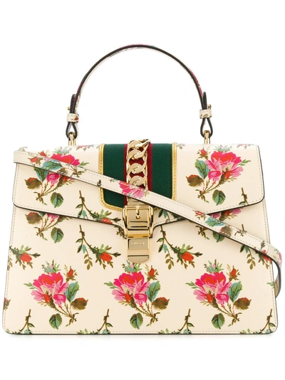 Shop Gucci Sylvie Floral Print Top Handle Bag - Neutrals