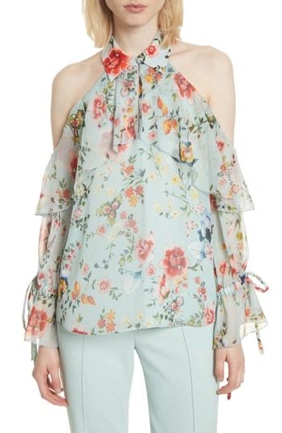 Shop Alice And Olivia Blayne Cold Shoulder Floral Silk Blouse In Floral Soiree-dusty Aqua