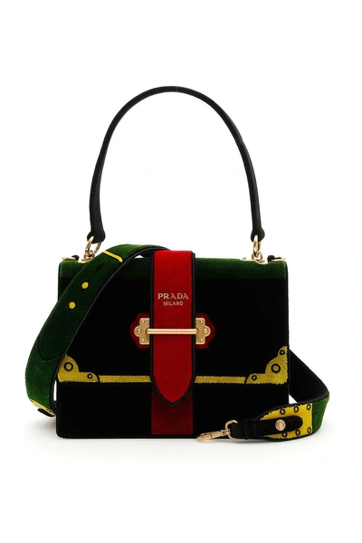 Shop Prada Velvet Handbag With Cahier Embroidery In Neronero
