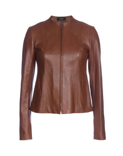 Shop Theory Leather Jacket In Brown