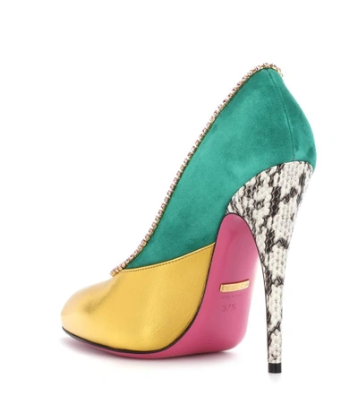 Shop Gucci Embellished Metallic Leather Pumps In Multicoloured