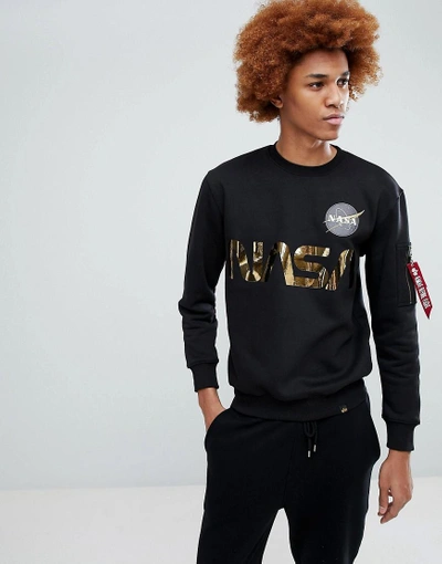 Shop Alpha Industries Nasa Gold Foil Print Crew Neck Sweatshirt In Black - Black