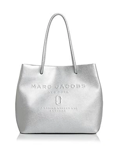 Shop Marc Jacobs Logo East/west Leather Tote In Silver/silver