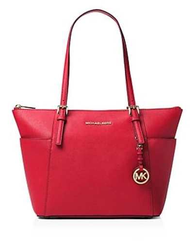 Shop Michael Michael Kors Jet Set East/west Saffiano Leather Tote In Bright Red/gold