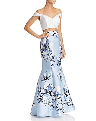 Shop Avery G Two-piece Off-the-shoulder Dress In Ivory/blue