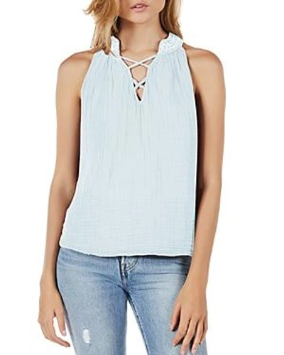 Shop Michael Stars Embroidered Split-neck Top In Sea Glass