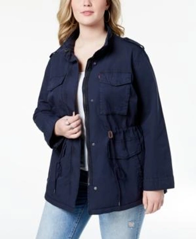 Shop Levi's Trendy Plus Size Cotton Hood Utility Jacket In Navy