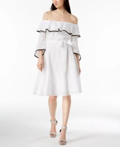 Shop Calvin Klein Cotton Off-the-shoulder Dress In White/black