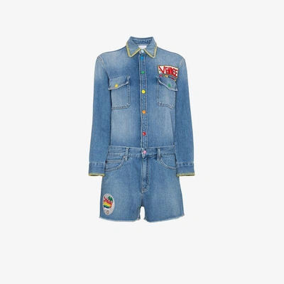 Shop Mira Mikati Patch Denim Playsuit In Blue