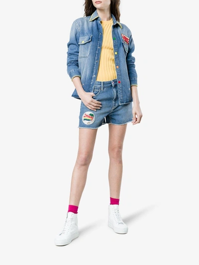 Shop Mira Mikati Patch Denim Playsuit In Blue