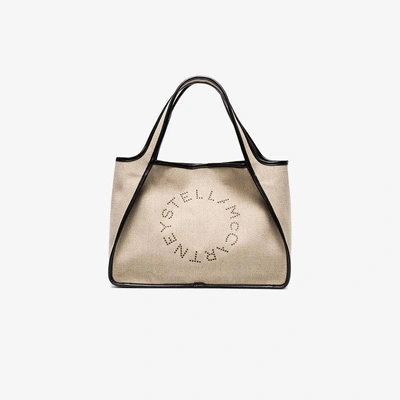 Shop Stella Mccartney Beige Logo Linen Tote Bag In Nude&neutrals