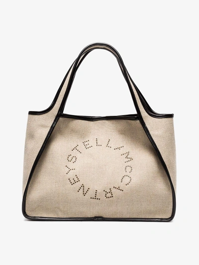 Shop Stella Mccartney Beige Logo Linen Tote Bag In Nude&neutrals