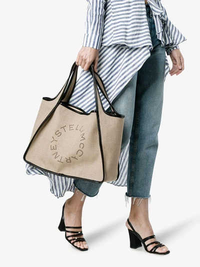 Shop Stella Mccartney Beige Logo Linen Tote Bag In Nude&neutrals