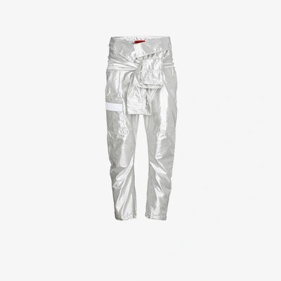 Shop Ronald Van Der Kemp Silver Silk Cargo Trousers With Waist Tie In Metallic