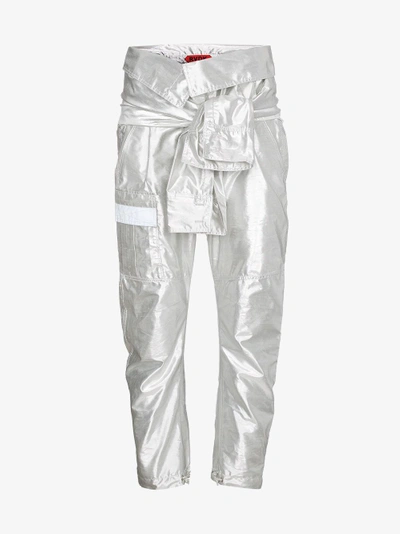 Shop Ronald Van Der Kemp Silver Silk Cargo Trousers With Waist Tie In Metallic
