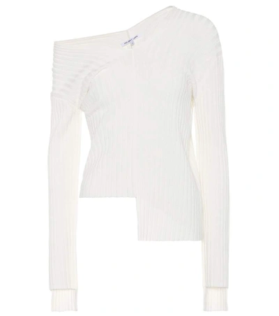 Shop Helmut Lang Cold Shoulder Ribbed Top In White