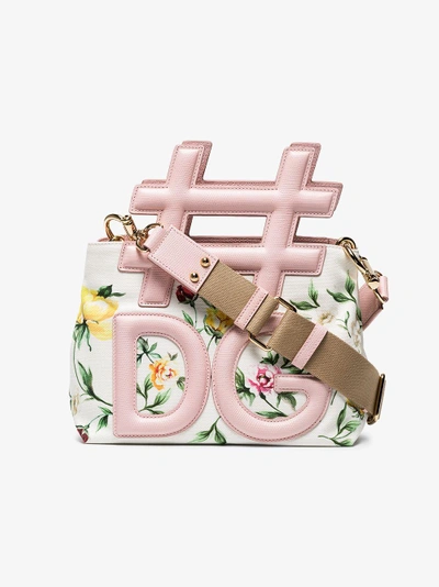 Shop Dolce & Gabbana Cream And Pink Hashtag Floral Leather Shoulder Bag In White