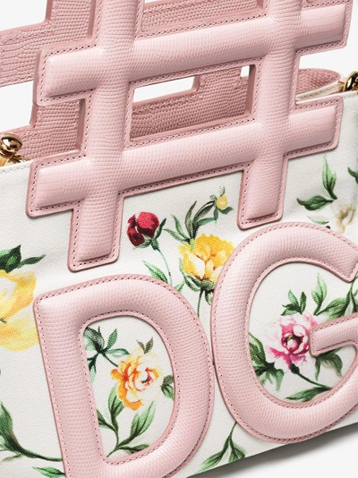 Shop Dolce & Gabbana Cream And Pink Hashtag Floral Leather Shoulder Bag In White