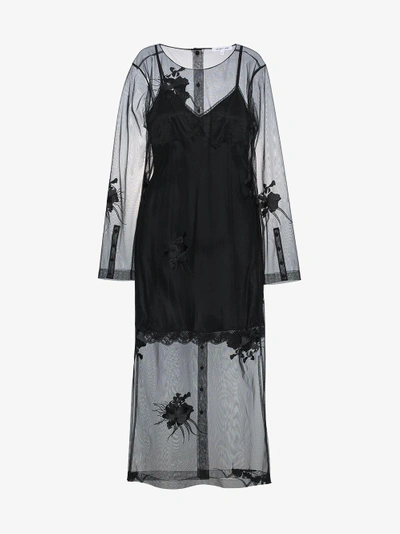 Shop Helmut Lang Floral Embroidered Mesh Dress In Black