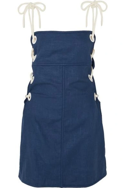 Shop Staud Raft Lace-up Linen-blend Mini Dress In Blue