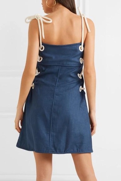 Shop Staud Raft Lace-up Linen-blend Mini Dress In Blue