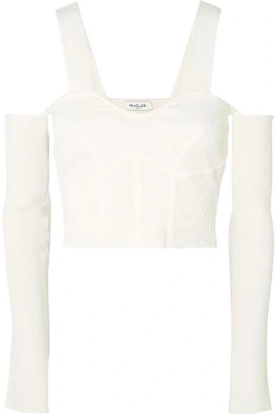 Shop Mugler Cropped Cold-shoulder Stretch-knit Top In White