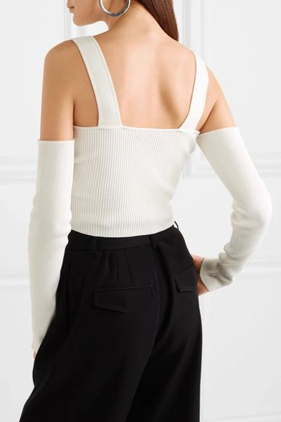 Shop Mugler Cropped Cold-shoulder Stretch-knit Top In White