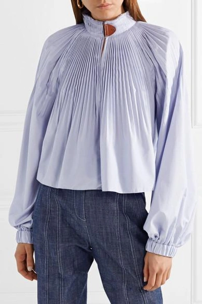 Shop Tibi Isabelle Pleated Striped Poplin Blouse In Sky Blue