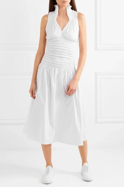 Shop Beaufille Daphne Shirred Cotton-blend Poplin Midi Dress In White