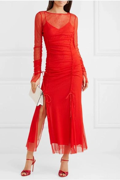 Shop Diane Von Furstenberg Ruched Corded Lace Maxi Dress In Red