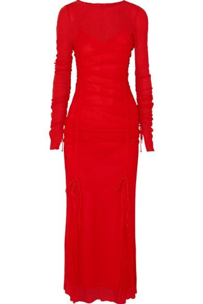 Shop Diane Von Furstenberg Ruched Corded Lace Maxi Dress In Red