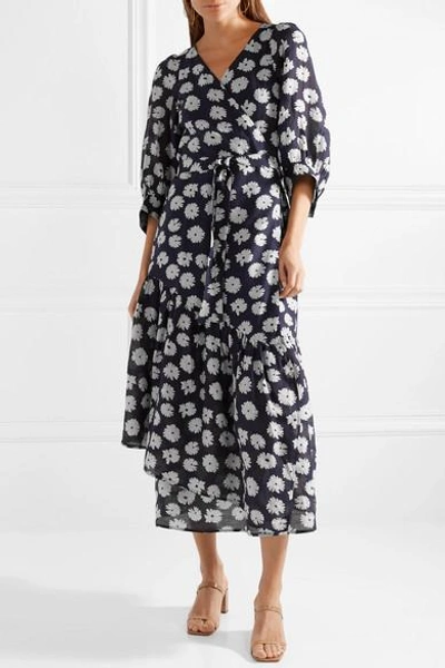 Shop Apiece Apart Bougainvillea Floral-print Cotton And Silk-blend Wrap Dress In Midnight Blue
