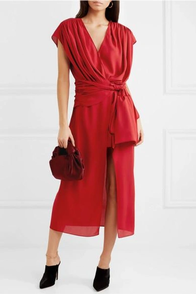 Shop Magda Butrym Diablo Gathered Silk-chiffon Midi Dress In Red