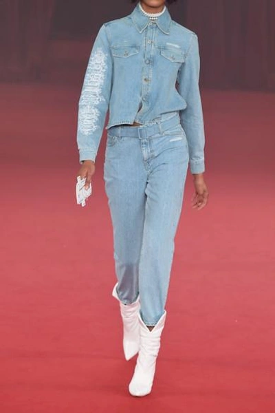 Shop Off-white Embroidered Denim Jacket In Light Blue