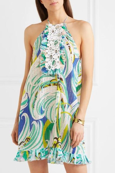 Shop Emilio Pucci Crochet-paneled Printed Broderie Anglaise Cotton-blend Mini Dress In Sky Blue