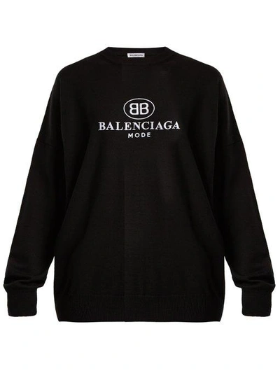 Balenciaga Logo Embroidered Wool Knit Sweater In Black | ModeSens