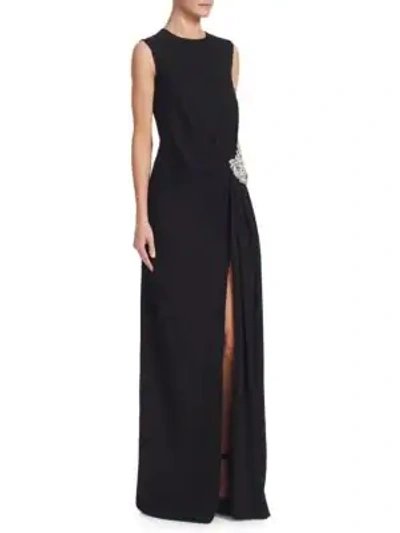 Shop Oscar De La Renta Embellished Side-slit Gown In Black