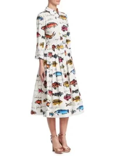 Shop Oscar De La Renta Fish Print A-line Shirt Dress In White Multi