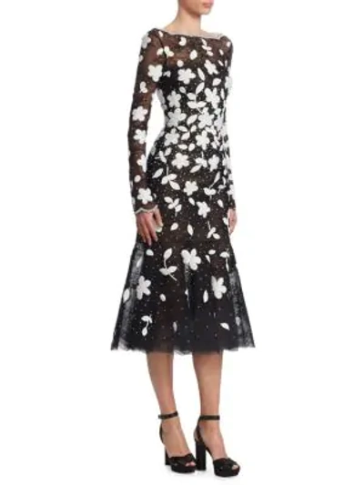 Shop Oscar De La Renta Floral Sequin Midi Sheath Dress In Black