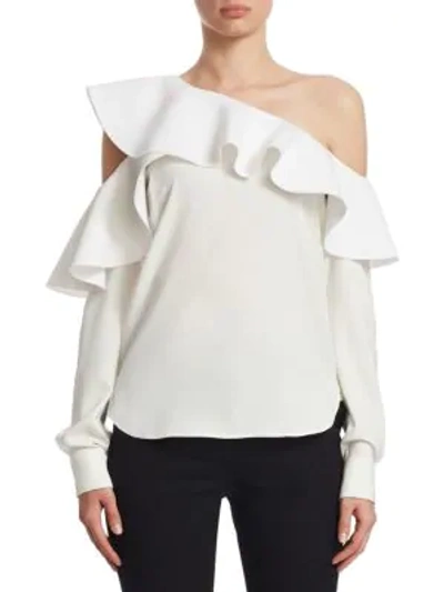 Shop Oscar De La Renta One-shoulder Ruffle Blouse In White