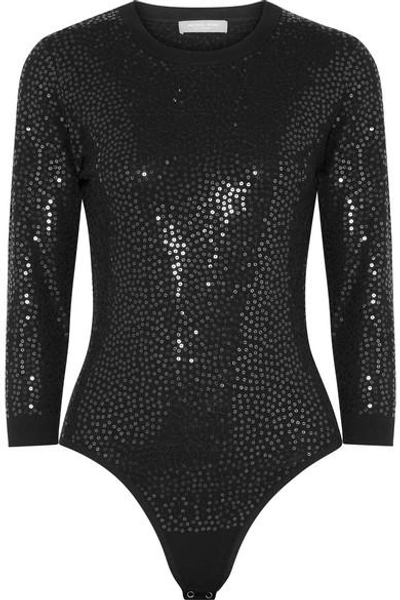 Shop Michael Kors Sequined Knitted Thong Bodysuit In Black
