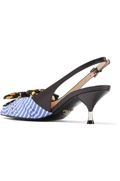 Shop Prada Bow-embellished Leather And Striped Canvas Slingback Pumps In Blue